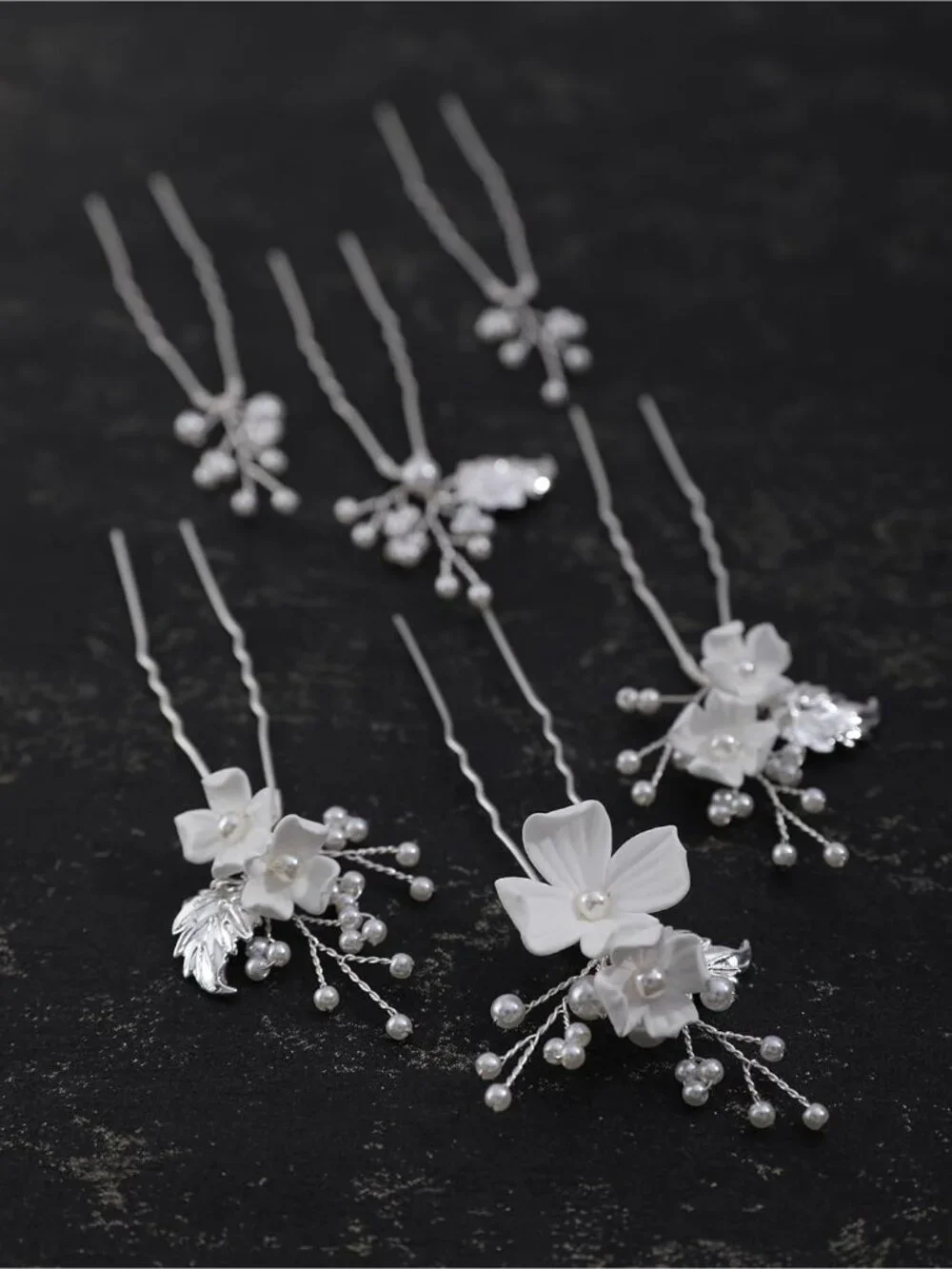 Women's Silver 6 Pieces Handmade Gold Leaf Pearls Flower Bridal Hair Bridesmaid